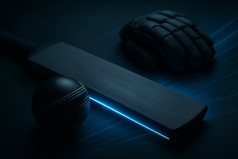 Close-up cricket equipment on dark surface with neon speed lines