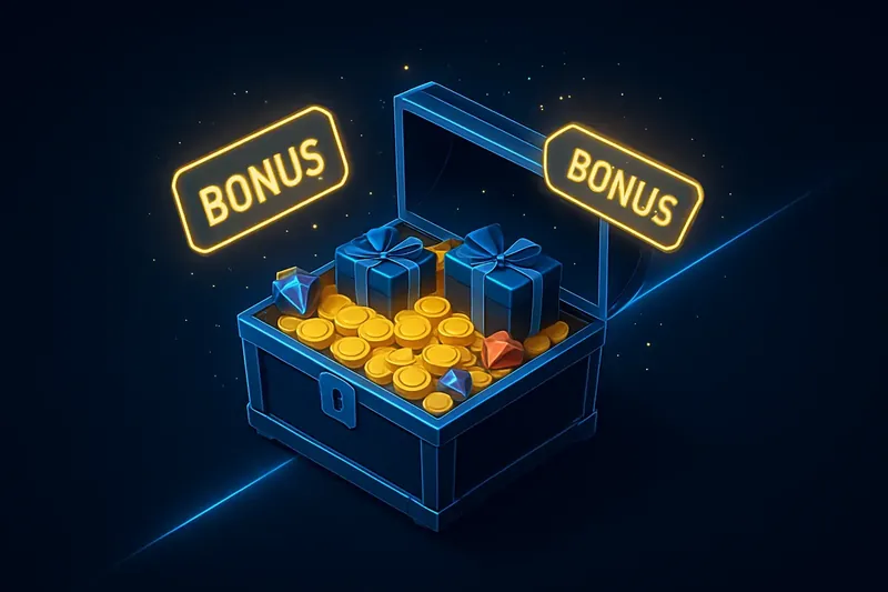 Golden treasure chest bursting with coins, gems, and bonus gifts