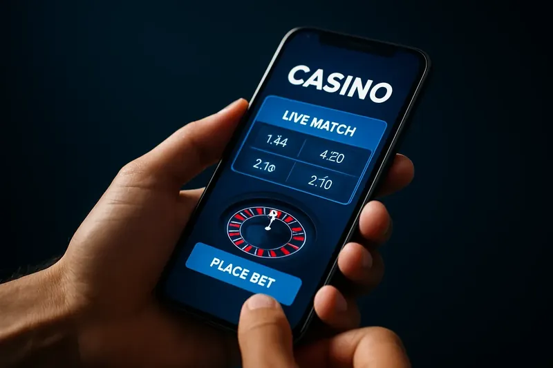 Hands holding smartphone with mobile casino interface and live match odds