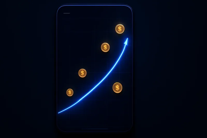 Mobile crash game interface with glowing curve graph and scattered coins