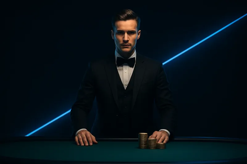 Elegant Live Casino Table Professional dealer at green felt live casino table with golden chips