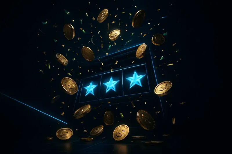 Jackpot Coin Cascade Golden coins rain over winning slot screen with stars and confetti